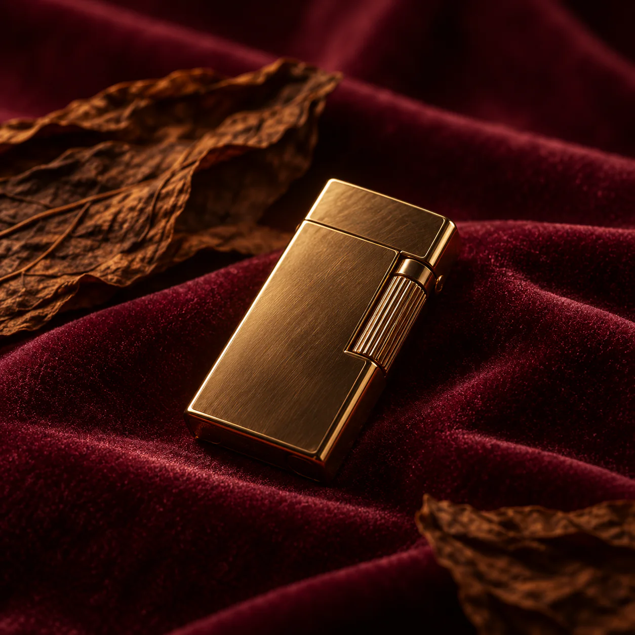 A gold lighter resting on burgundy velvet beside tobacco leaves